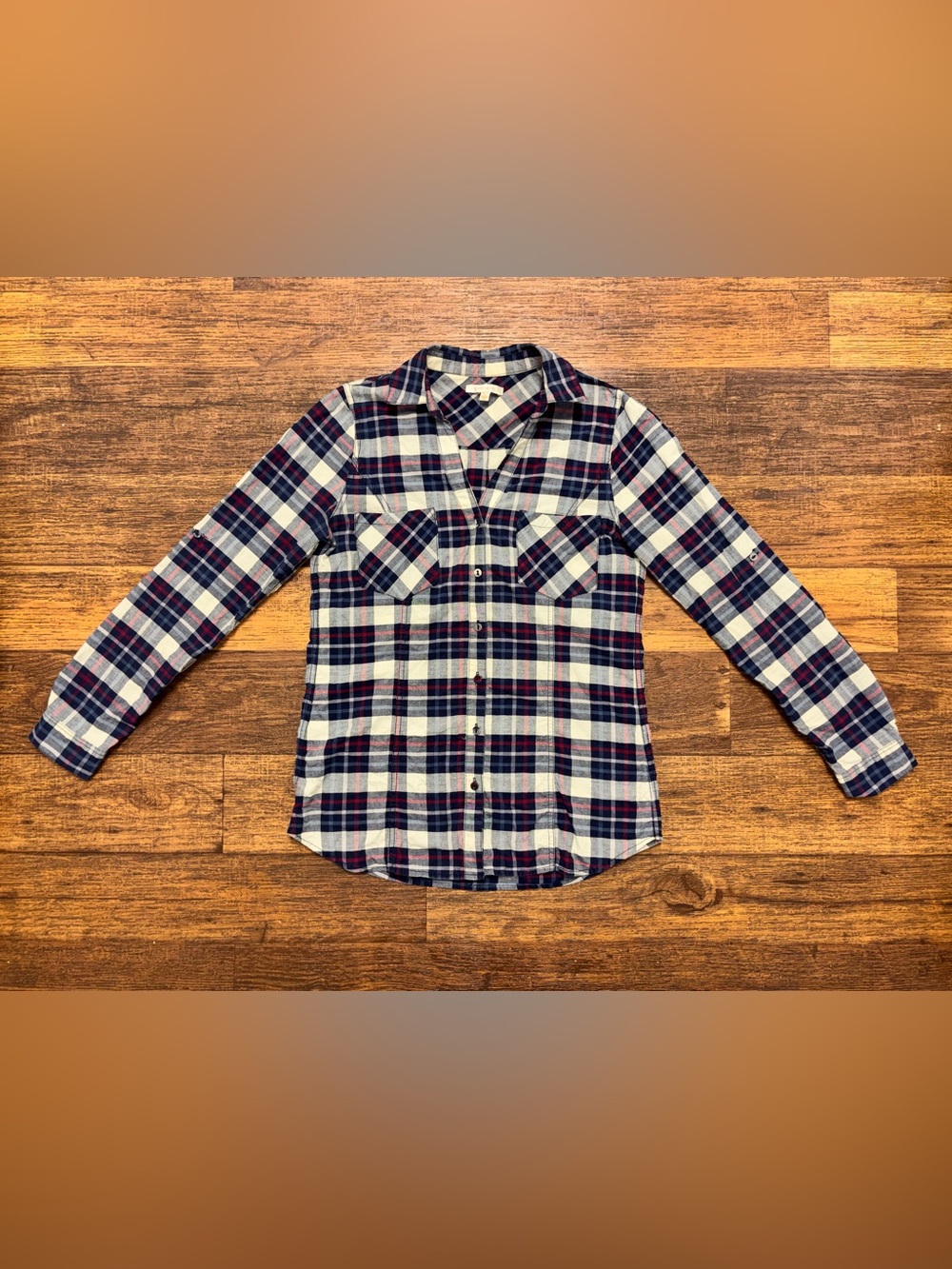 Skies Are Blue Navy, White & Burgundy Plaid Button-Up Shirt 100% cotton